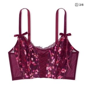 Victorias Secret Dream Angels Lace-Up Corset Top Bra Floral Maroon Medium NWT